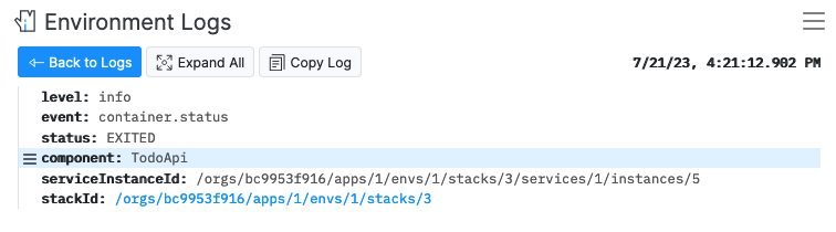 Screenshot showing log filtering by Component name property